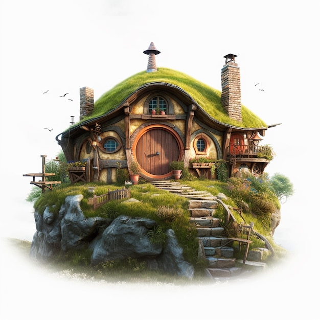 Ein Gemälde eines Hauses mit grünem Dach und den Worten „Hobbit“ auf der Spitze.