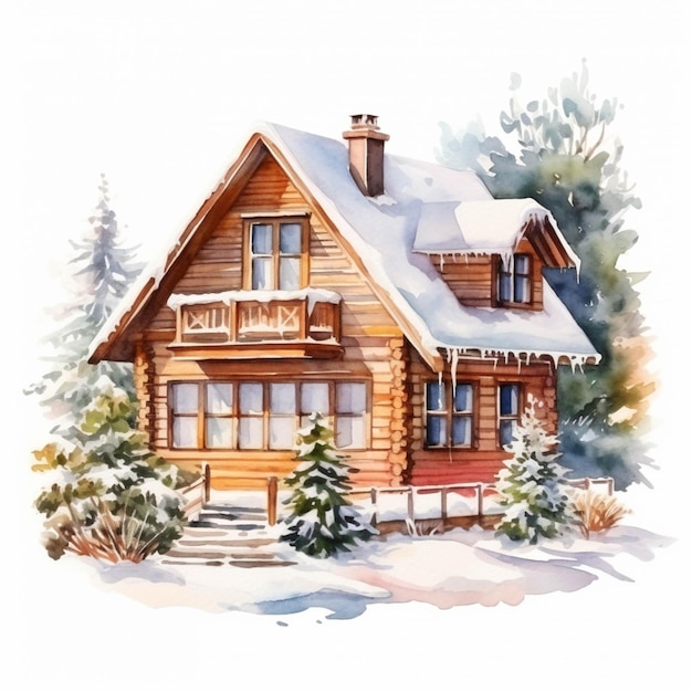 Ein Gemälde eines Hauses mit schneebedecktem Dach und einem generativen Zaun
