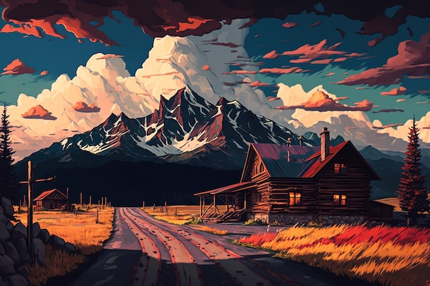 Ein Gemälde eines Hauses vor einem Berg