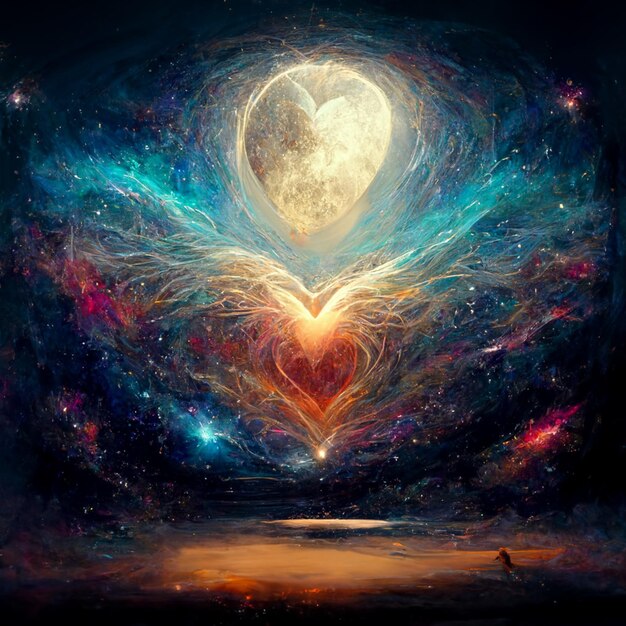 Ein Gemälde eines Herzens mit dem Mond in der Mitte