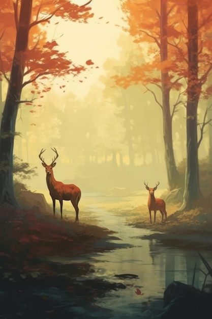 Ein Gemälde eines Hirsches in einem Wald mit roten Blättern