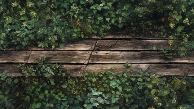 Ein Gemälde eines Holzstegs mit grünen Blättern und einem Holzbrett.
