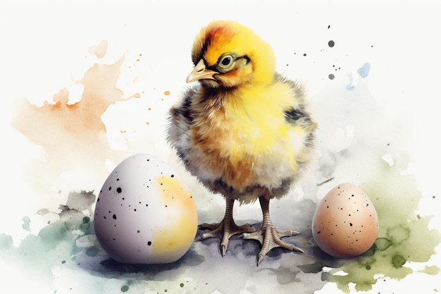 Ein Gemälde eines Huhns neben Eiern