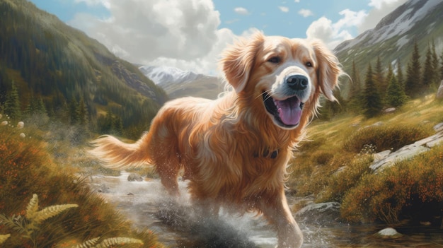 Ein Gemälde eines Hundes, der durch ein Feld rennt, mit Bergen im Hintergrund.