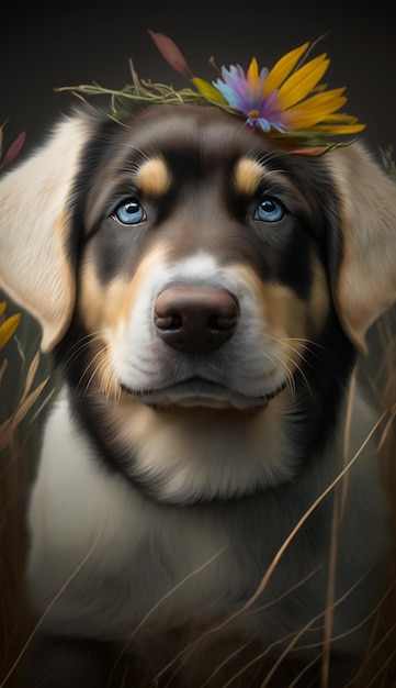 Ein Gemälde eines Hundes mit blauen Augen