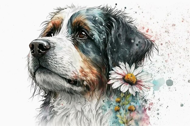 Ein Gemälde eines Hundes mit Blumen und den Worten „Haustier“ darauf
