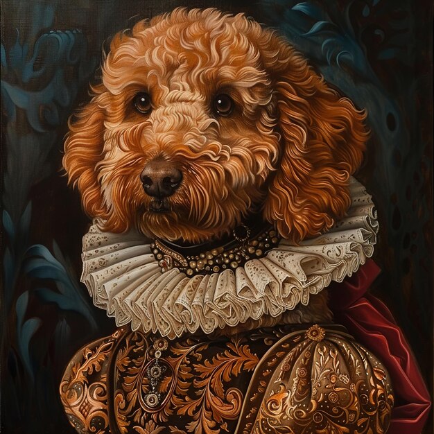 ein Gemälde eines Hundes mit einem Kleid, das den Namen des Hundes sagt