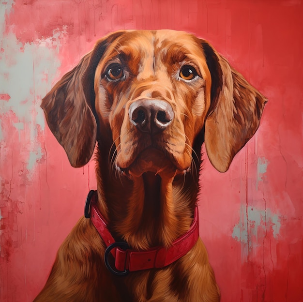 ein Gemälde eines Hundes mit rotem Halsband und rotem Halsband.
