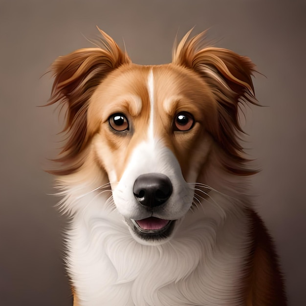 Ein Gemälde eines Hundes mit weißem Gesicht und braunen Augen.
