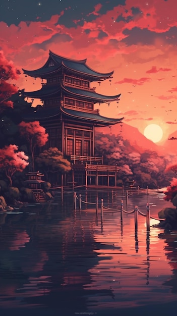 Ein Gemälde eines japanischen Hauses in einem See mit einem Sonnenuntergang im Hintergrund.