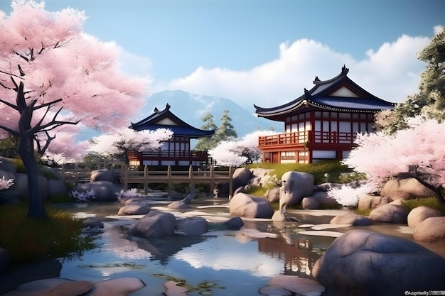 Ein Gemälde eines japanischen Hauses mit einem Teich und einem Baum mit rosa Blumen.