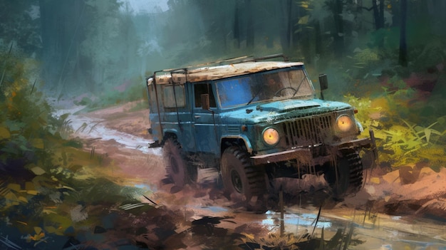 Ein Gemälde eines Jeeps im Wald mit eingeschalteten Scheinwerfern.