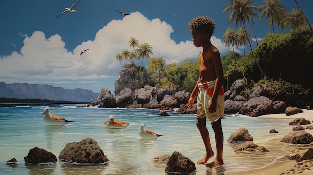 Foto ein gemälde eines jungen, der an einem strand steht, mit palmen im hintergrund.