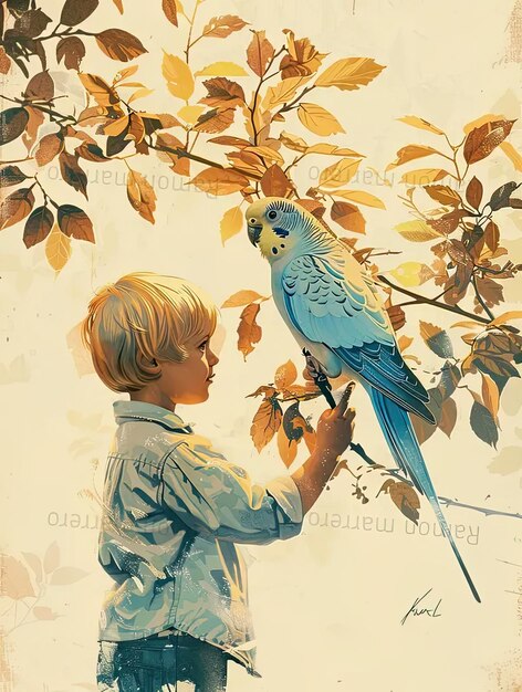 Ein Gemälde eines Jungen, der einen Vogel an einem Zweig hält