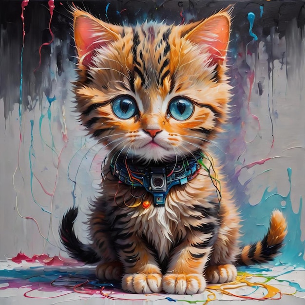 Ein Gemälde eines Kätzchens mit einem Kabeldraht-Halsband