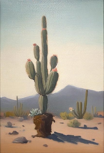 Ein Gemälde eines Kaktus in der Wüste mit Bergen im Hintergrund.