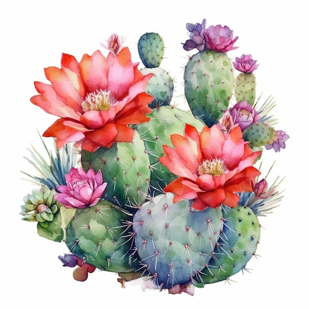 Ein Gemälde eines Kaktus mit Blumen auf einem weißen Hintergrund