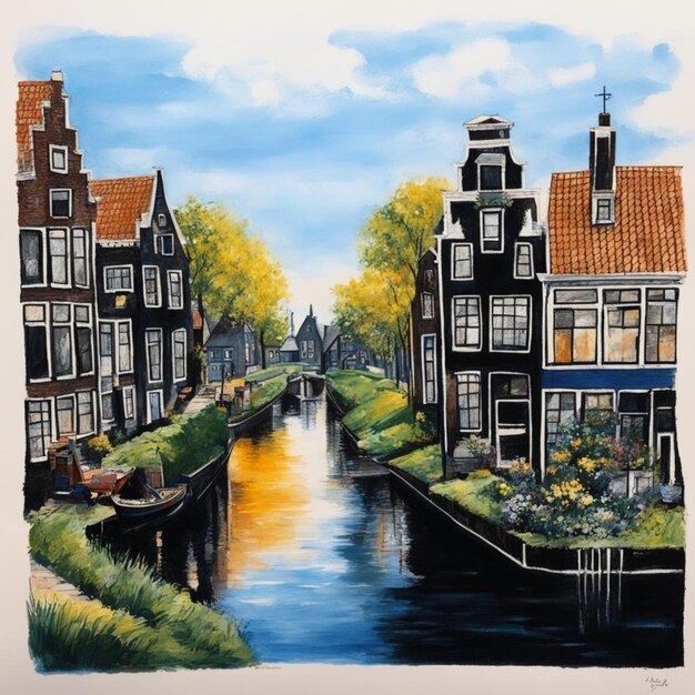 ein Gemälde eines Kanals mit einem Boot und Häusern im Hintergrund
