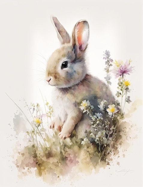 ein Gemälde eines Kaninchen in einem Blumenfeld