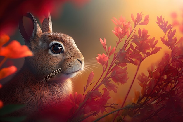 Ein Gemälde eines Kaninchens in einem Blumenfeld generative KI