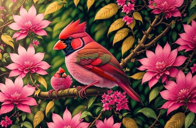 Ein Gemälde eines Kardinals mit rosa Blumen auf der linken Seite.
