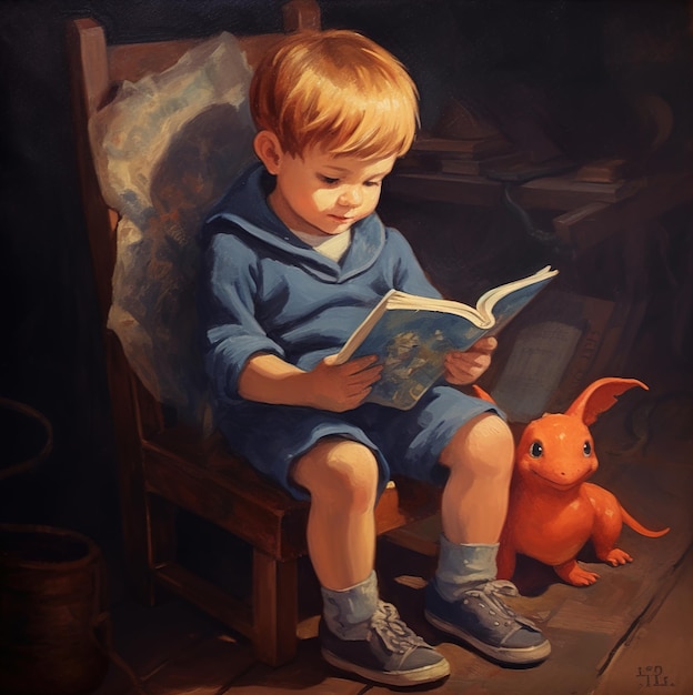 ein Gemälde eines kleinen Jungen, der ein Buch liest, mit einem Kaninchen auf dem Einband.