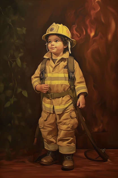 Ein Gemälde eines kleinen Jungen in einer Feuerwehruniform. Generatives KI-Bild
