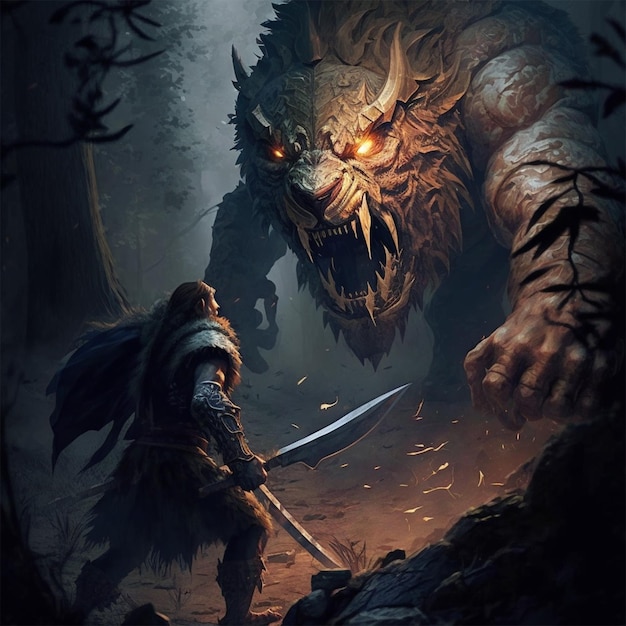 Ein Gemälde eines Kriegers mit einem Monstergesicht im Hintergrund.