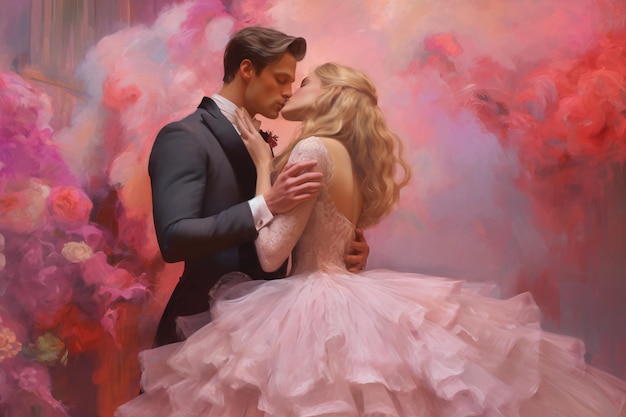Ein Gemälde eines küssenden Paares in Rosa mit rosa Hintergrund.