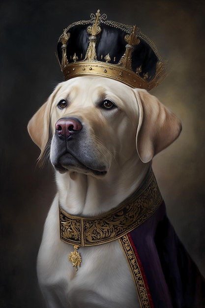Ein Gemälde eines Labrador-Retrievers, der eine Krone trägt.