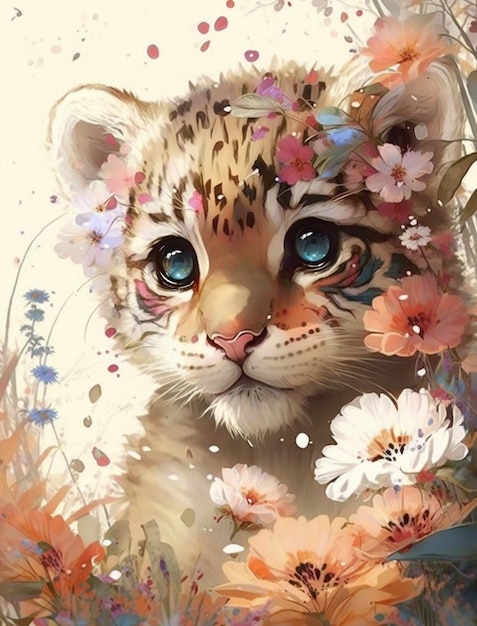 Ein Gemälde eines Leopardenjungen mit Blumen darauf.
