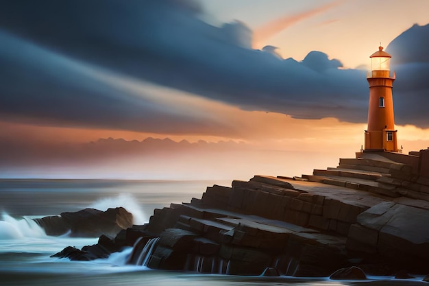 Ein Gemälde eines Leuchtturms am Strand mit einem Sonnenuntergang im Hintergrund.