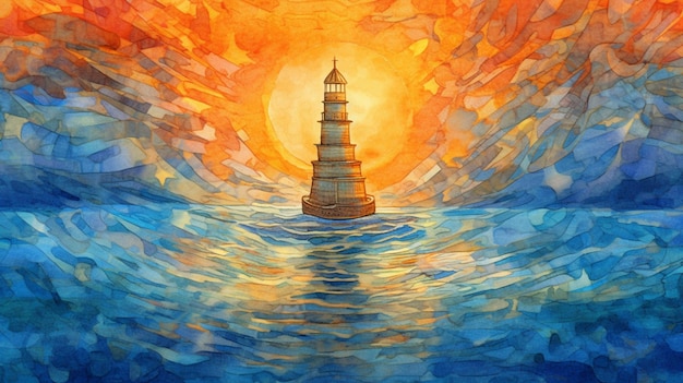 Ein Gemälde eines Leuchtturms im Meer