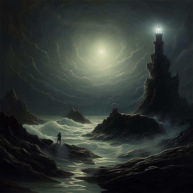 Ein Gemälde eines Leuchtturms in einer Vollmondnacht, davor ein Mann mit Blick auf das Meer