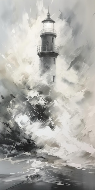 Ein Gemälde eines Leuchtturms mit der Aufschrift „The Lighthouse“ auf der linken Seite.