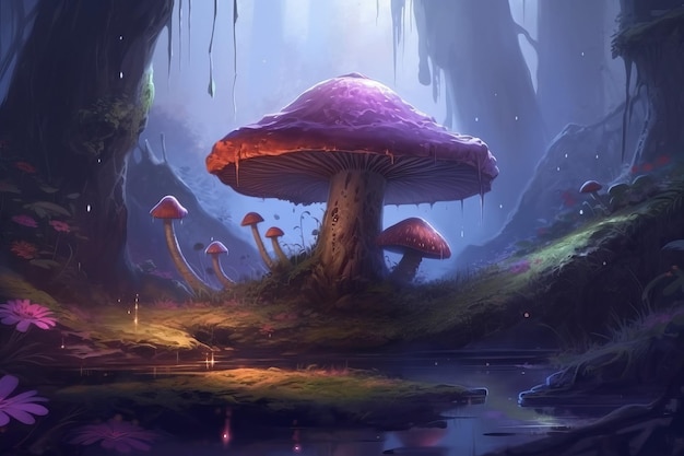 Ein Gemälde eines lila Pilzes in einem Wald