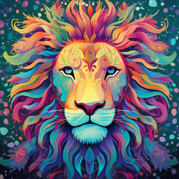 ein Gemälde eines Löwen mit buntem Haar und leuchtender Mähne, generative KI