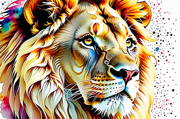 ein Gemälde eines Löwen mit einem blauen Fleck auf seinem Gesicht