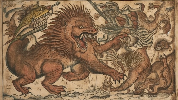Ein Gemälde eines Löwen mit einem Drachen auf dem Kopf und einem Drachen auf dem Rücken.