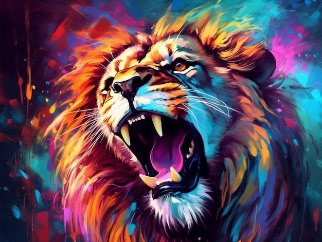 Ein Gemälde eines Löwen mit offenem Maul und dem Wort Löwe auf der Unterseite.