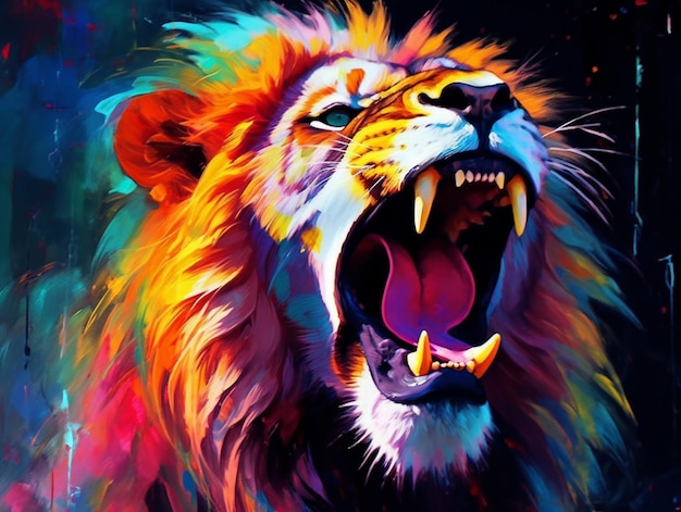 Ein Gemälde eines Löwen mit offenem Maul und weit geöffnetem Maul.