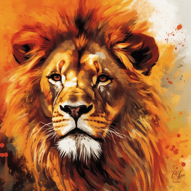 Ein Gemälde eines Löwen mit roter Mähne und gelben Augen.