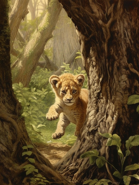 Ein Gemälde eines Löwenbabys, das durch einen Wald rennt.