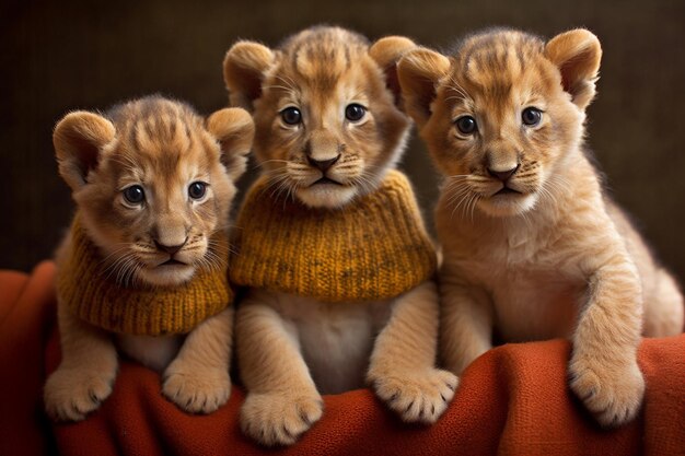 Ein Gemälde eines Löwenbabys mit einem Pullover darauf