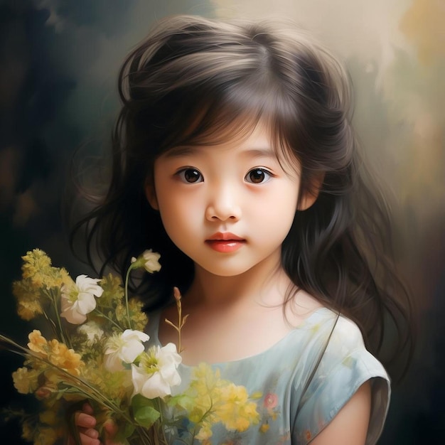 Ein Gemälde eines Mädchens, das einen Blumenstrauß hält.