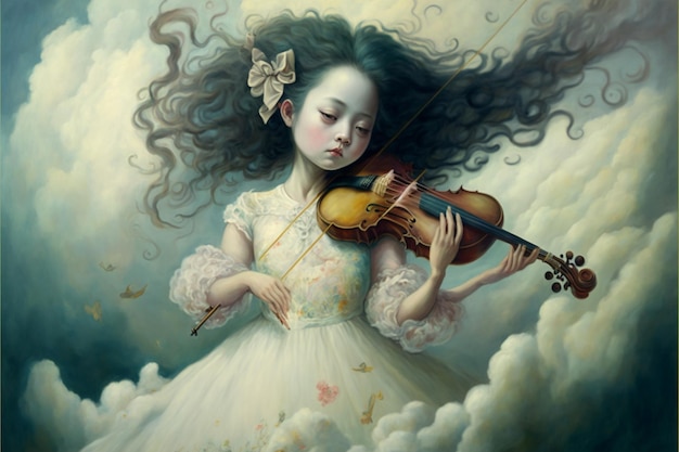 Ein Gemälde eines Mädchens, das mit einem Bogen auf dem Kopf Geige spielt.
