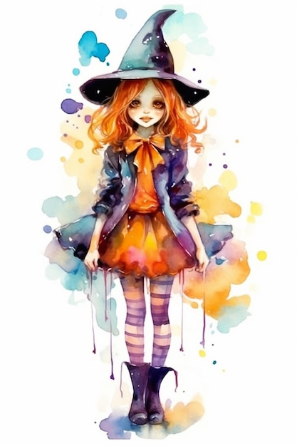 Ein Gemälde eines Mädchens in einem Hexenkostüm und einem generativen Hut