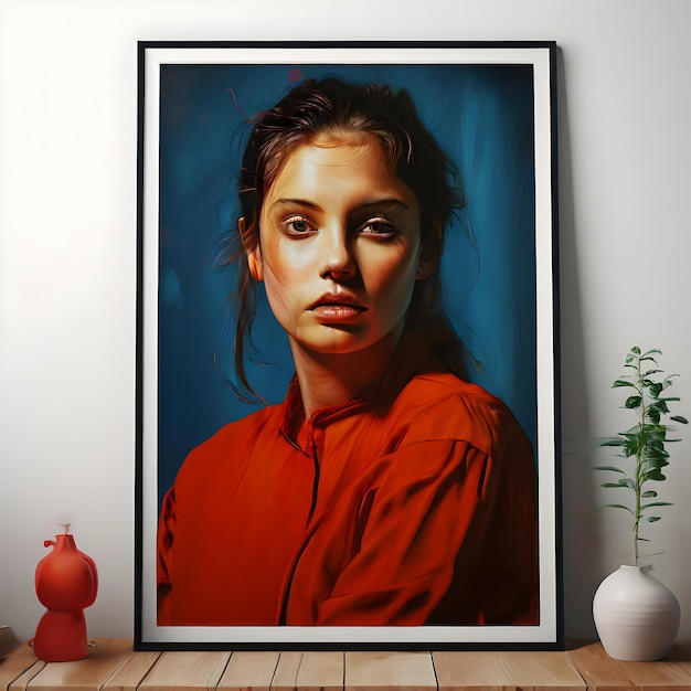 ein Gemälde eines Mädchens in einem roten Kleid steht auf einem Holztisch