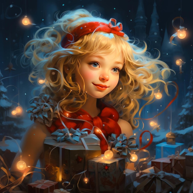 ein Gemälde eines Mädchens mit einem roten Bogen auf dem Kopf und einem Weihnachtsgeschenk in der Hand