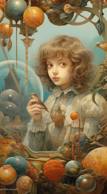 Ein Gemälde eines Mädchens mit einem Vogel auf der Hand